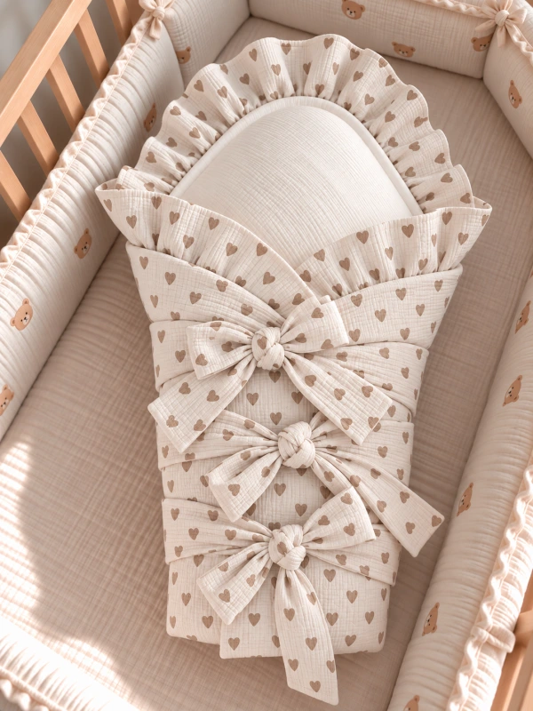 Obliečka na páperovú zavinovačku 72x72cm – Mušelínová Beige Srdiečka