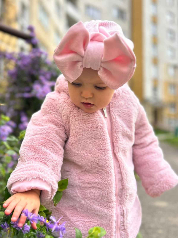 Turban s Mašľou Rebro bavlnená detská čiapka BABY PINK 18