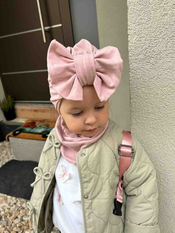Turban s Mašľou Rebro bavlnená detská čiapka BABY PINK 13