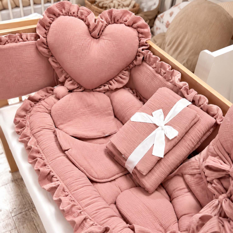 Set do postieľky s volánom, mušelín STARORUŽOVÁ 4
