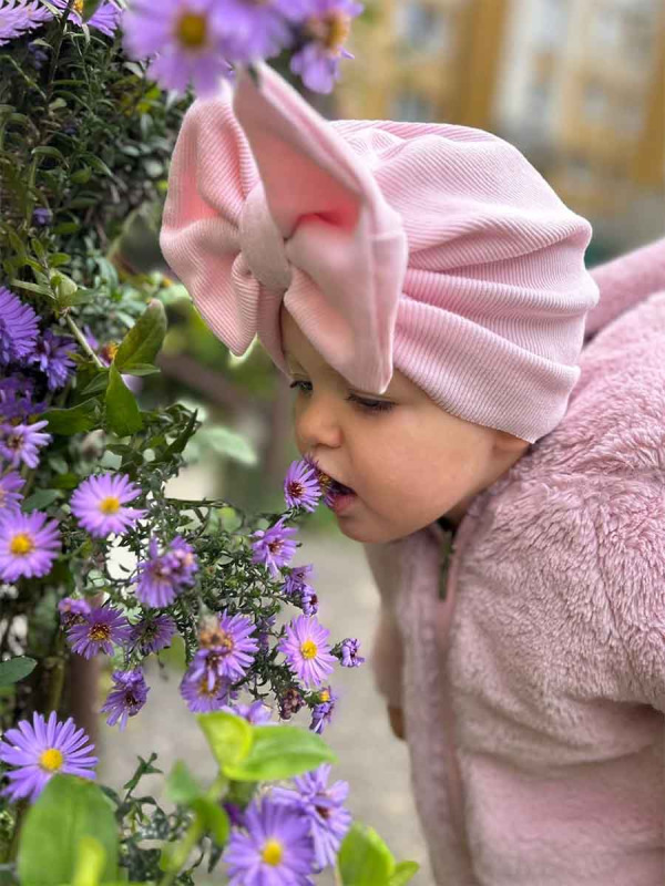 Turban s Mašľou Rebro bavlnená detská čiapka BABY PINK 19
