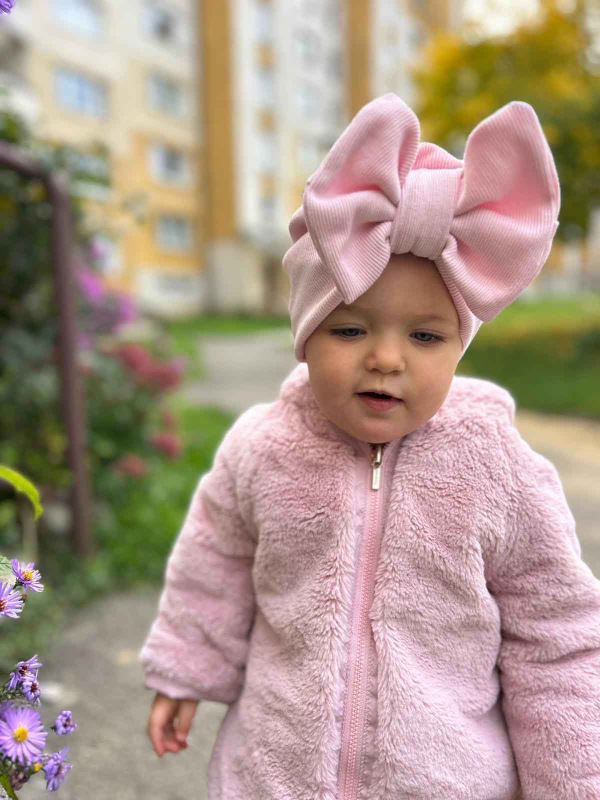 Turban s Mašľou Rebro bavlnená detská čiapka BABY PINK 15