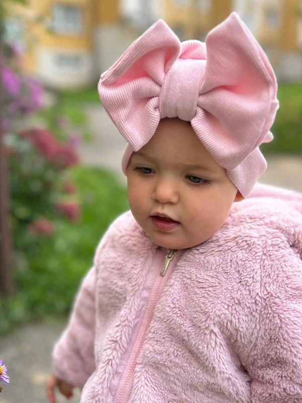 Turban s Mašľou Rebro bavlnená detská čiapka BABY PINK 16