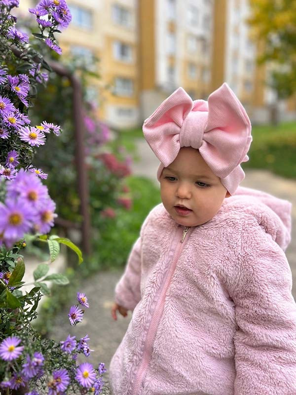 Turban s Mašľou Rebro bavlnená detská čiapka BABY PINK 17