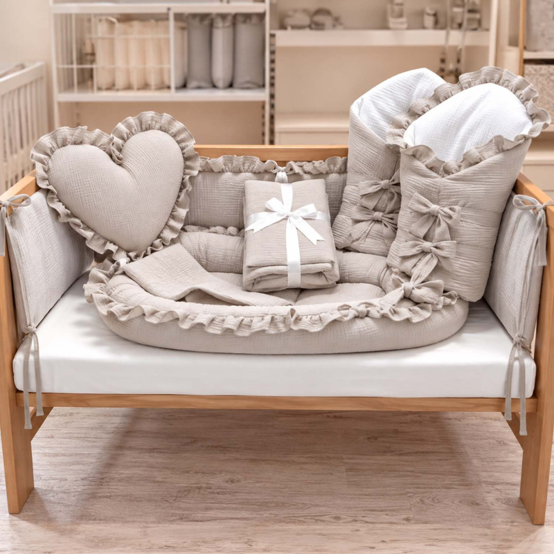 Set do postieľky bez volánu, mušelín SILVER BEIGE