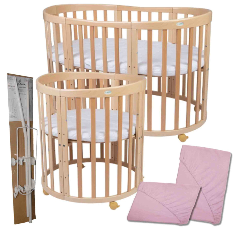 Rastúca postieľka set 7v1 - prírodna (matrac, 2x plachta + držiak baldachýnu)