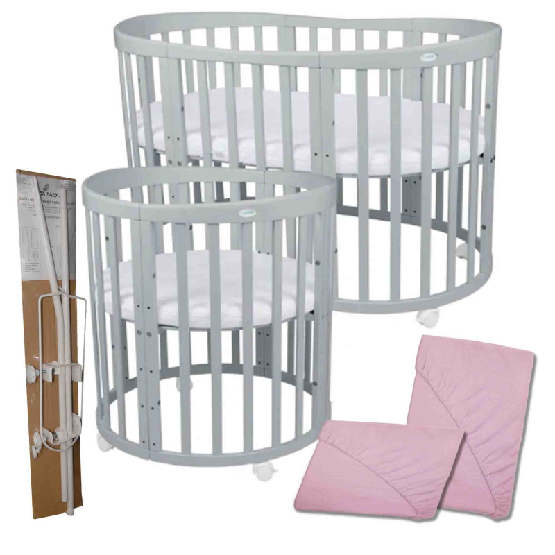 Rastúca postieľka set 7v1 - sivá (matrac, 2x plachta + držiak baldachýnu)