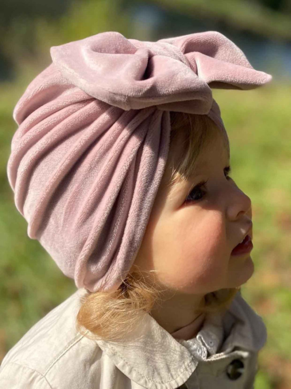 Turban detská čiapka s Mašľou Velvet - RUŽOVÁ 8