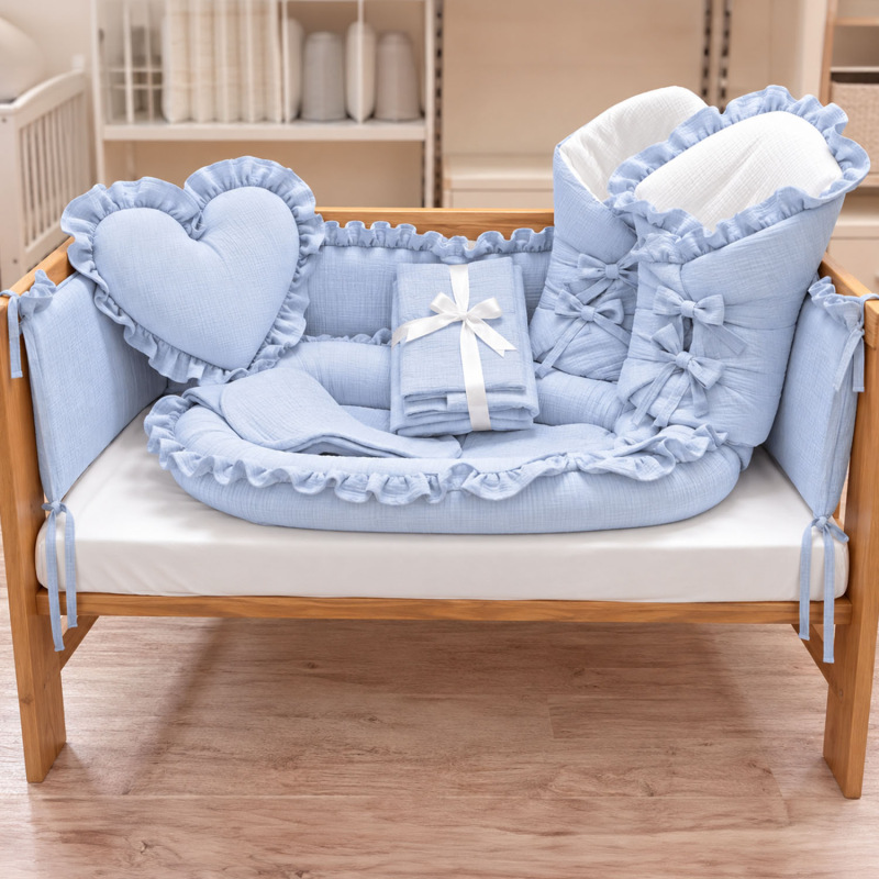 Set do postieľky s volánom, mušelín BABY BLUE