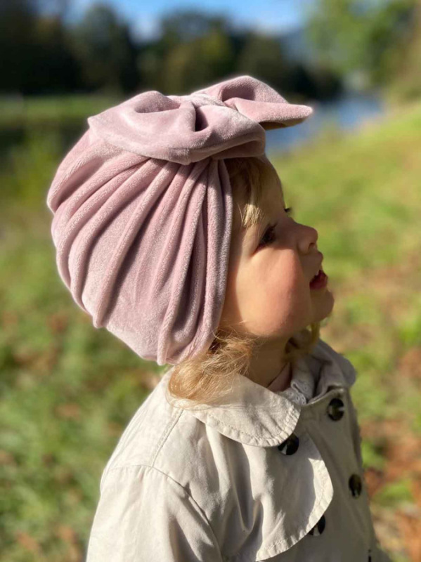 Turban detská čiapka s Mašľou Velvet - RUŽOVÁ 9
