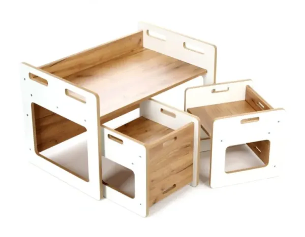 Montessori Stolík s 2 stoličkami 3v1 biely/dub