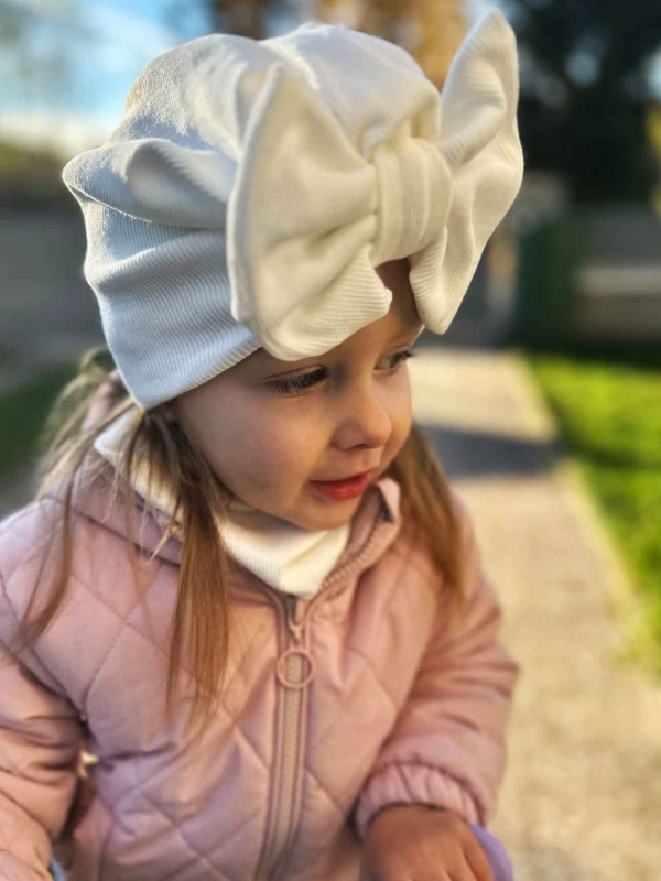 Turban s Mašľou Rebro bavlnená detská čiapka SMOTANOVÁ 7