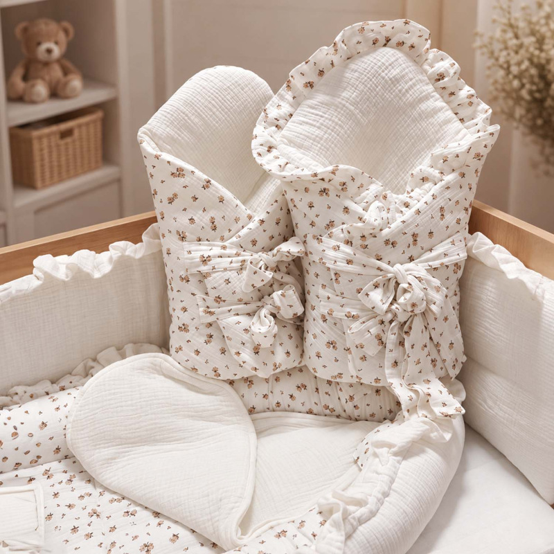 Set do postieľky s volánom, mušelín BEIGE RUŽIČKY 3