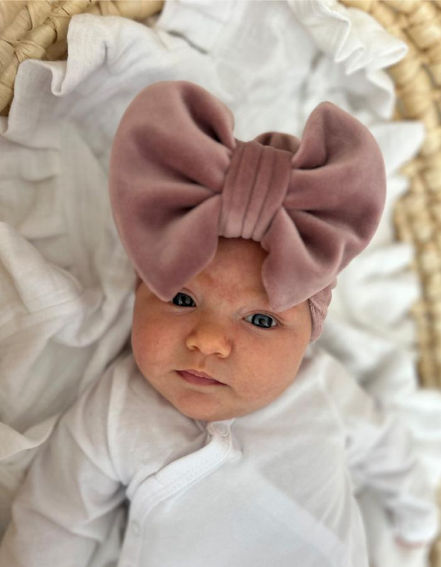 Turban detská čiapka s Mašľou Velvet - RUŽOVÁ 11