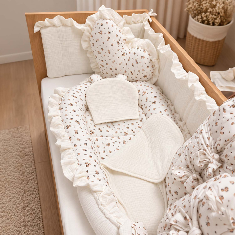 Set do postieľky s volánom, mušelín BEIGE RUŽIČKY 1