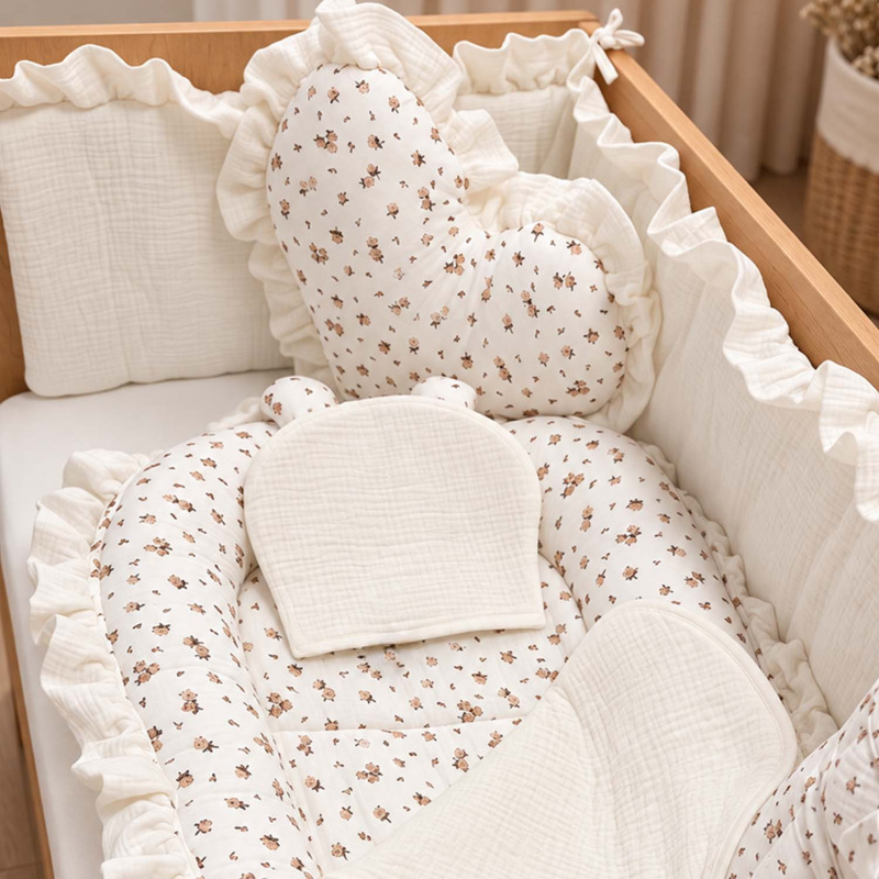 Set do postieľky s volánom, mušelín BEIGE RUŽIČKY 2