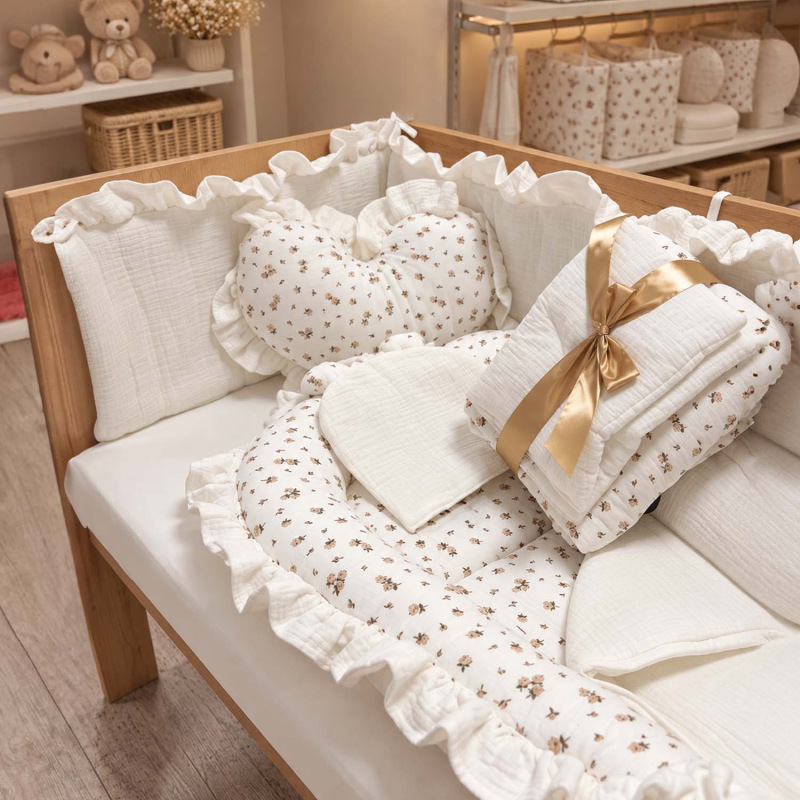 Set do postieľky s volánom, mušelín BEIGE RUŽIČKY 5
