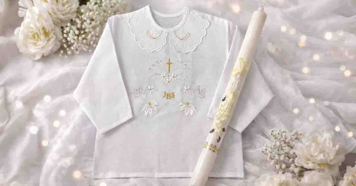 Košieľka na krst pre bábätko s výšivkou a krstnou sviečkou – slávnostné biele oblečenie na krst
