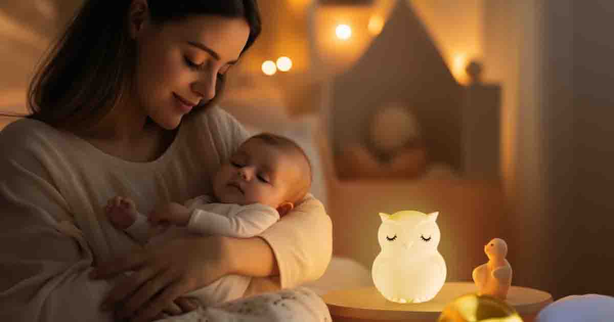 Detská nočná lampa s jemným svetlom pri bábätku, mama drží dieťa v útulnej detskej izbe počas večerného uspávania